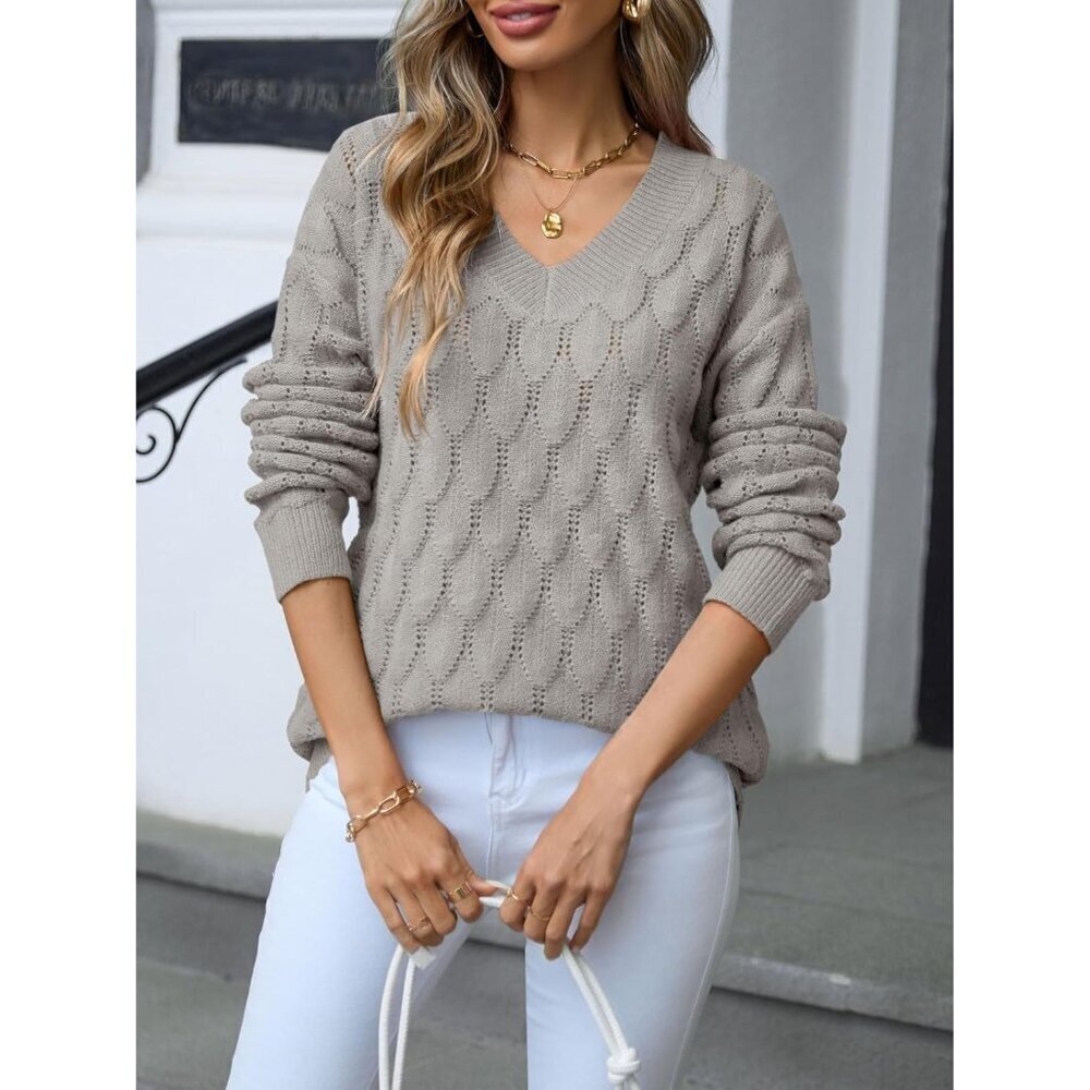 Women's V Neck Knit Sweater Lightweight Long Sleeve Casual Pullover - Picture 4 of 5